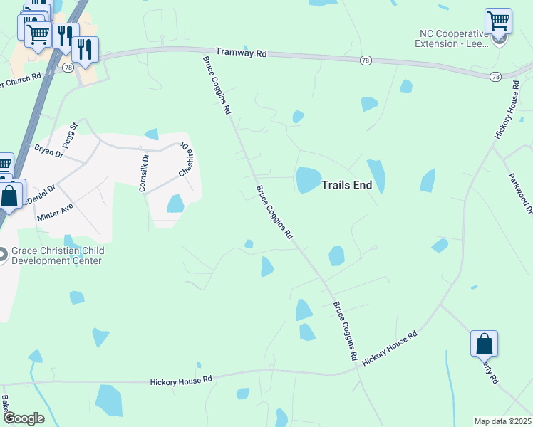 map of restaurants, bars, coffee shops, grocery stores, and more near 610 Bruce Coggins Road in Sanford