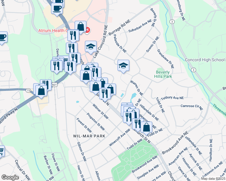 map of restaurants, bars, coffee shops, grocery stores, and more near 724 Arbor Street Northeast in Concord
