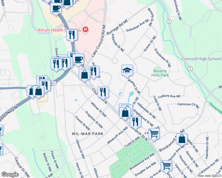 map of restaurants, bars, coffee shops, grocery stores, and more near 724 Arbor Street Northeast in Concord