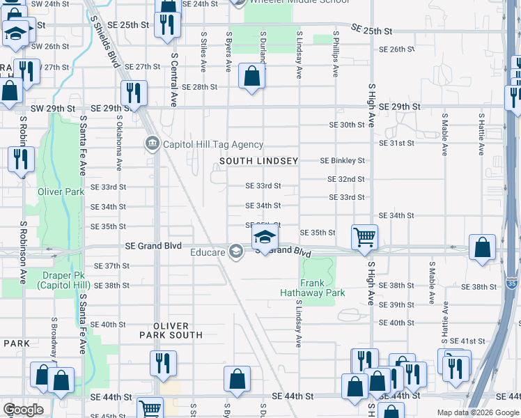 map of restaurants, bars, coffee shops, grocery stores, and more near 544 Southeast 34th Street in Oklahoma City
