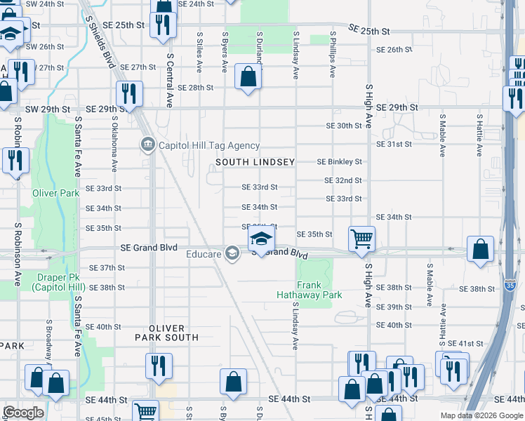 map of restaurants, bars, coffee shops, grocery stores, and more near 544 Southeast 34th Street in Oklahoma City