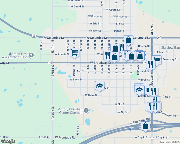 map of restaurants, bars, coffee shops, grocery stores, and more near 204 South 9th Street in Okemah