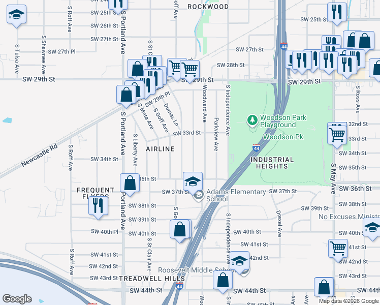 map of restaurants, bars, coffee shops, grocery stores, and more near 3516 South Dumas Avenue in Oklahoma City