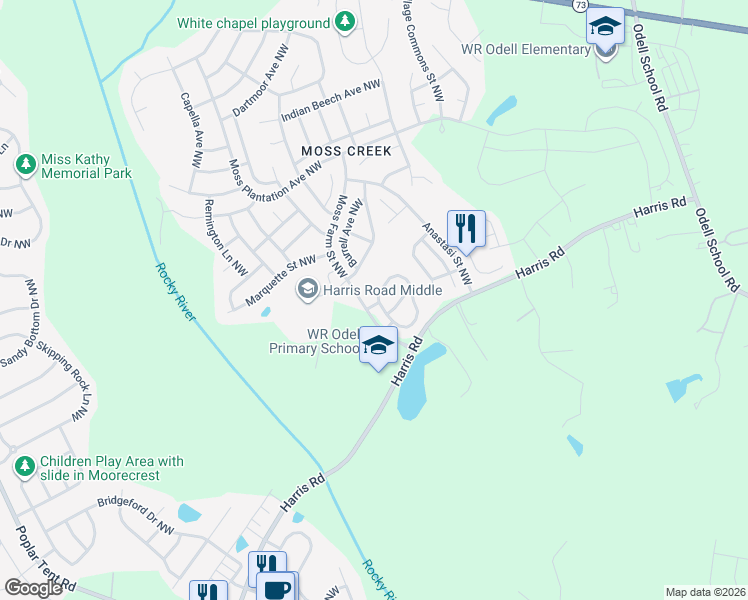 map of restaurants, bars, coffee shops, grocery stores, and more near 1250 Moss Farm Street Northwest in Concord