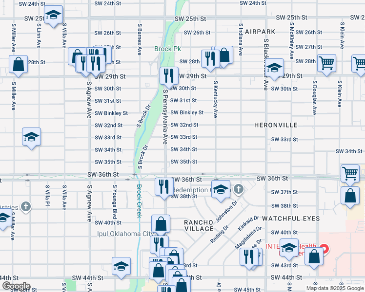 map of restaurants, bars, coffee shops, grocery stores, and more near 1613 Southwest 34th Street in Oklahoma City