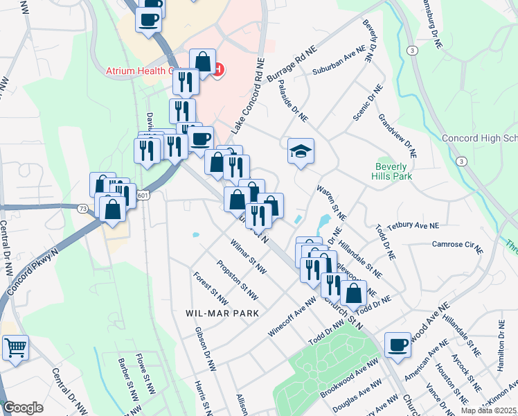 map of restaurants, bars, coffee shops, grocery stores, and more near 745 Arbor Street Northeast in Concord