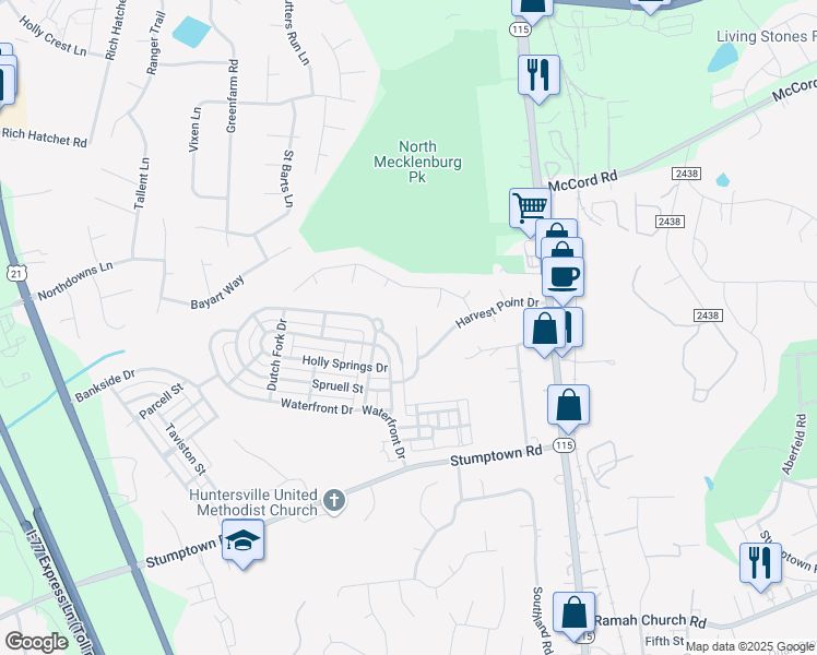 map of restaurants, bars, coffee shops, grocery stores, and more near 16125 Farmall Drive in Huntersville