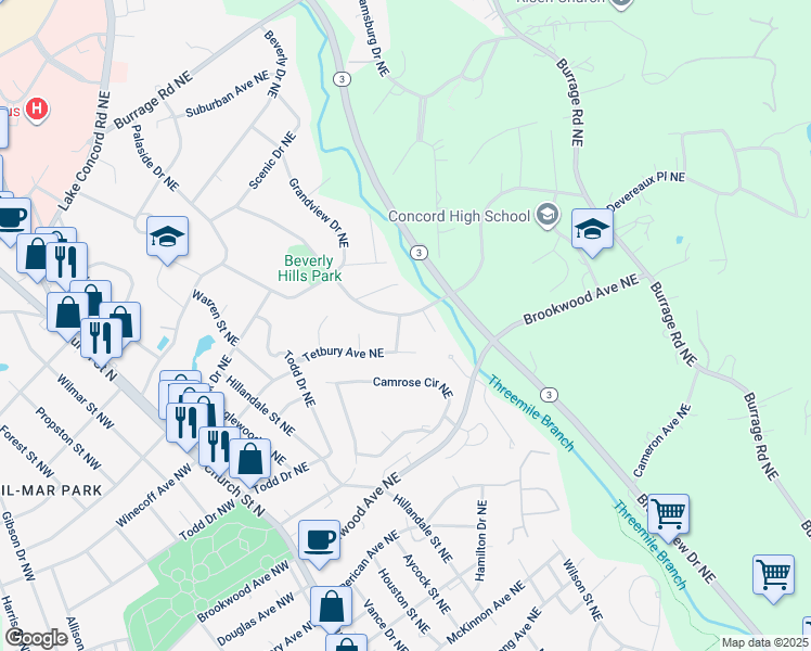 map of restaurants, bars, coffee shops, grocery stores, and more near 582 Castlewood Street Northeast in Concord