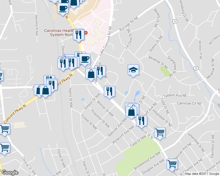 map of restaurants, bars, coffee shops, grocery stores, and more near 745 Arbor Street Northeast in Concord
