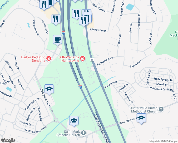 map of restaurants, bars, coffee shops, grocery stores, and more near 10305 Hamptons Park Drive in Huntersville