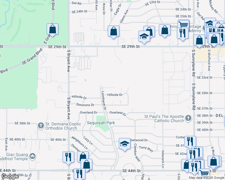map of restaurants, bars, coffee shops, grocery stores, and more near 3413 Hillside Drive in Del City