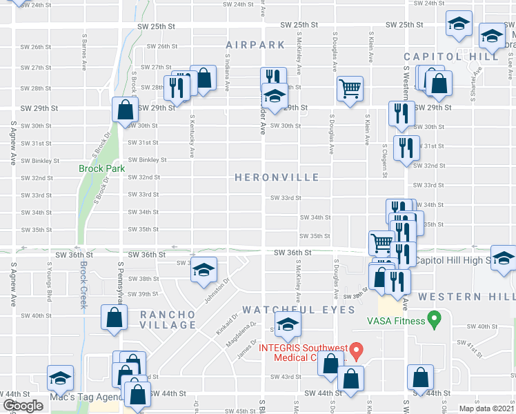 map of restaurants, bars, coffee shops, grocery stores, and more near 1244 Southwest 33rd Street in Oklahoma City