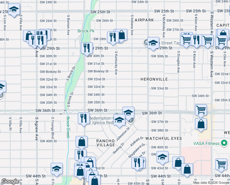 map of restaurants, bars, coffee shops, grocery stores, and more near 1500 Southwest 34th Street in Oklahoma City