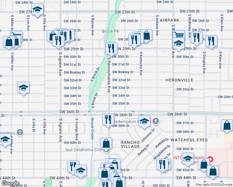 map of restaurants, bars, coffee shops, grocery stores, and more near 1613 Southwest 34th Street in Oklahoma City