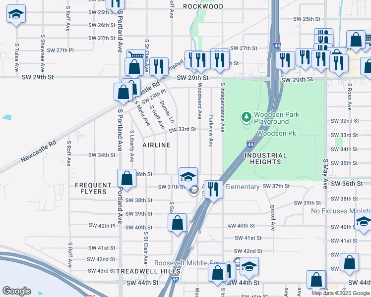 map of restaurants, bars, coffee shops, grocery stores, and more near 3516 South Dumas Avenue in Oklahoma City