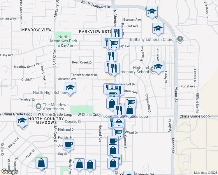 map of restaurants, bars, coffee shops, grocery stores, and more near 101 Star Court in Bakersfield