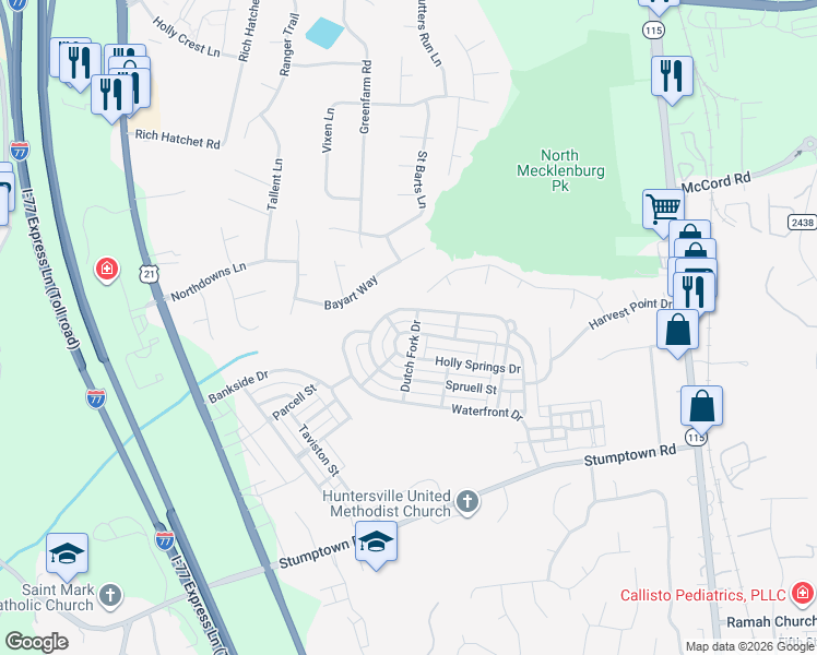 map of restaurants, bars, coffee shops, grocery stores, and more near 14406 Holly Springs Drive in Huntersville