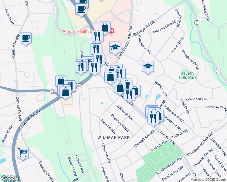 map of restaurants, bars, coffee shops, grocery stores, and more near 789 Davidson Drive Northwest in Concord