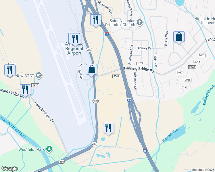 map of restaurants, bars, coffee shops, grocery stores, and more near 1301 Fanning Bridge Road in Fletcher