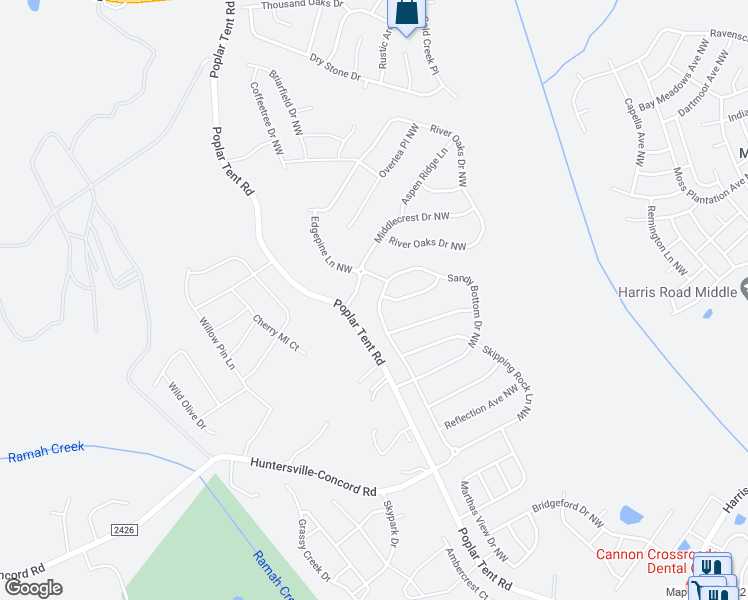 map of restaurants, bars, coffee shops, grocery stores, and more near 1225 Sandy Bottom Drive Northwest in Concord