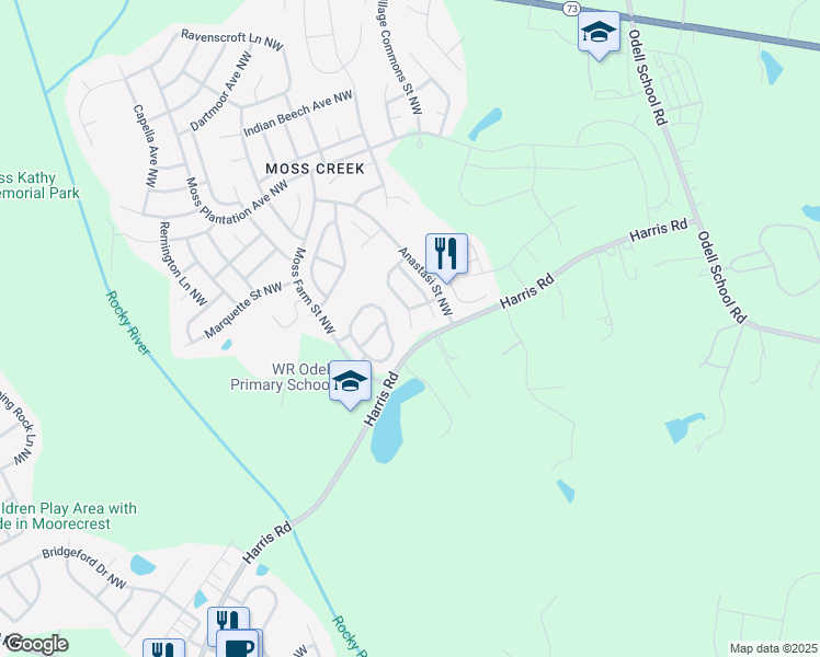 map of restaurants, bars, coffee shops, grocery stores, and more near 9491 Grand Oaks Street Northwest in Concord