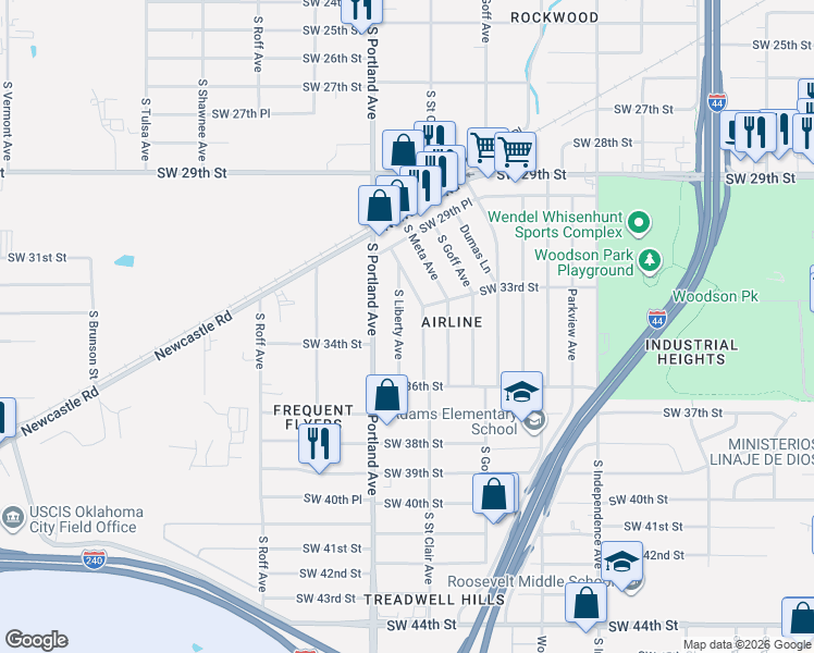 map of restaurants, bars, coffee shops, grocery stores, and more near 3501 South Liberty Avenue in Oklahoma City