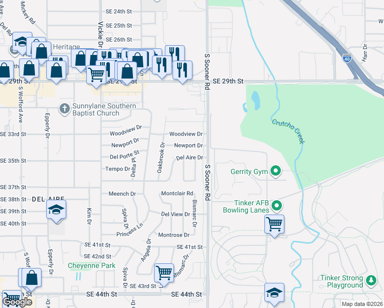 map of restaurants, bars, coffee shops, grocery stores, and more near 4872 Del Aire Drive in Del City