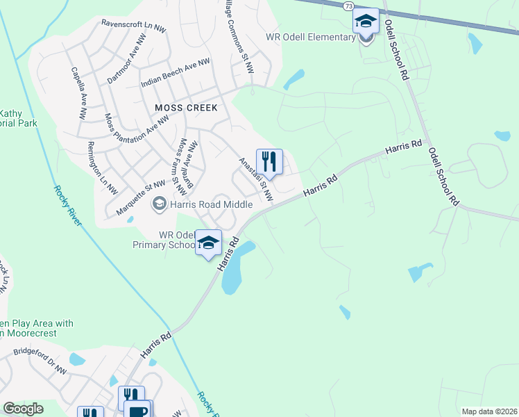 map of restaurants, bars, coffee shops, grocery stores, and more near 9491 Grand Oaks Street Northwest in Concord
