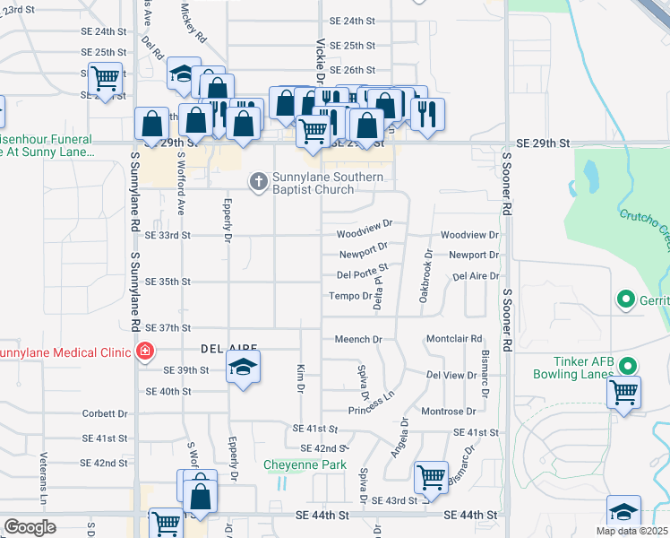 map of restaurants, bars, coffee shops, grocery stores, and more near 4709 Del Porte Street in Del City