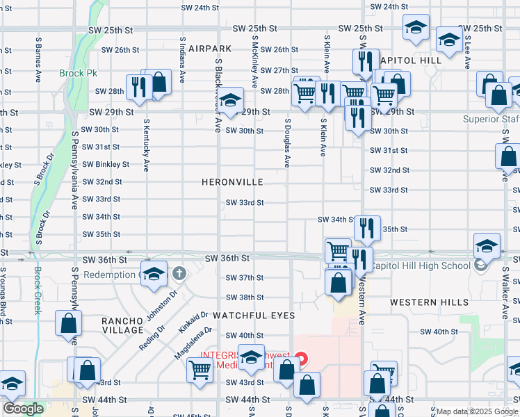 map of restaurants, bars, coffee shops, grocery stores, and more near 1121 Southwest 34th Street in Oklahoma City