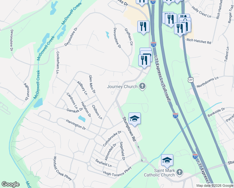 map of restaurants, bars, coffee shops, grocery stores, and more near in Huntersville