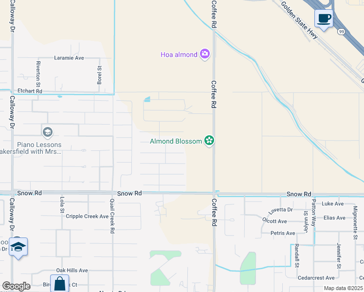 map of restaurants, bars, coffee shops, grocery stores, and more near 7231-7715 Coffee Road in Bakersfield