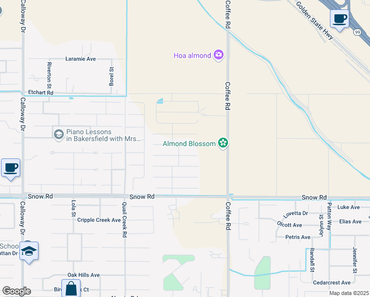 map of restaurants, bars, coffee shops, grocery stores, and more near 7231-7715 Coffee Road in Bakersfield