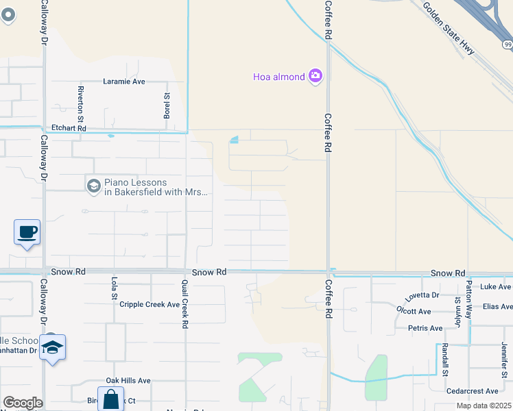 map of restaurants, bars, coffee shops, grocery stores, and more near 8713 Kenwick Street in Bakersfield