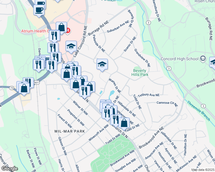 map of restaurants, bars, coffee shops, grocery stores, and more near 52 Palaside Drive Northeast in Concord