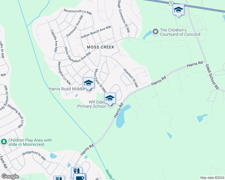map of restaurants, bars, coffee shops, grocery stores, and more near 1279 Amber Ridge Road Northwest in Concord
