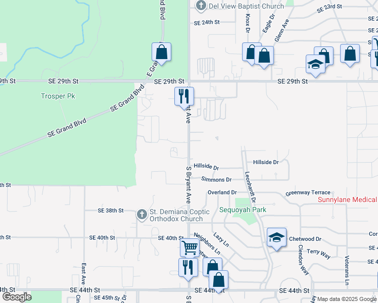 map of restaurants, bars, coffee shops, grocery stores, and more near 3401 South Bryant Avenue in Oklahoma City