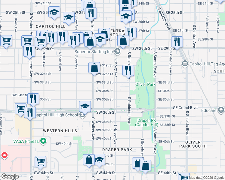 map of restaurants, bars, coffee shops, grocery stores, and more near 3500 South Harvey Avenue in Oklahoma City