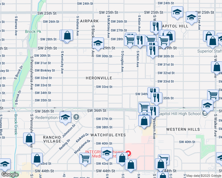 map of restaurants, bars, coffee shops, grocery stores, and more near 1121 Southwest 34th Street in Oklahoma City