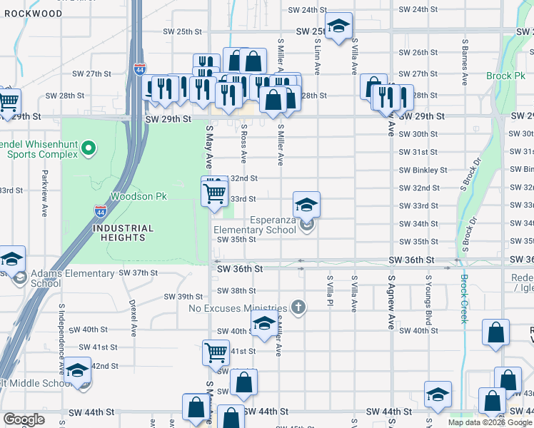 map of restaurants, bars, coffee shops, grocery stores, and more near 2704 Southwest 34th Street in Oklahoma City