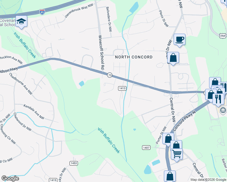 map of restaurants, bars, coffee shops, grocery stores, and more near 1055 Pine Circle Drive Northwest in Concord