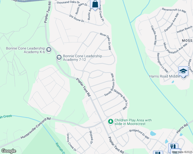 map of restaurants, bars, coffee shops, grocery stores, and more near Elsfield Avenue Northwest in Concord