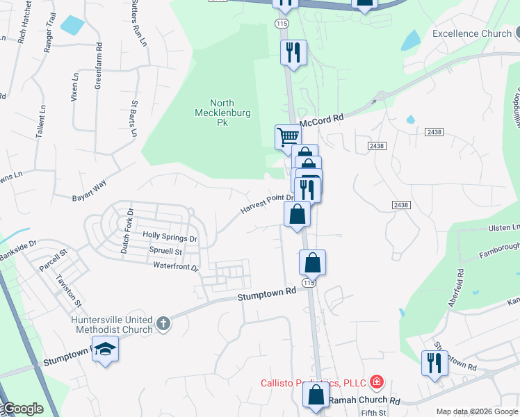 map of restaurants, bars, coffee shops, grocery stores, and more near 16017 Bushnell Court in Huntersville