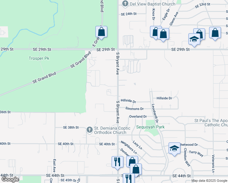 map of restaurants, bars, coffee shops, grocery stores, and more near 3401 South Bryant Avenue in Oklahoma City