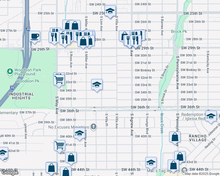map of restaurants, bars, coffee shops, grocery stores, and more near 2536 Southwest 34th Street in Oklahoma City