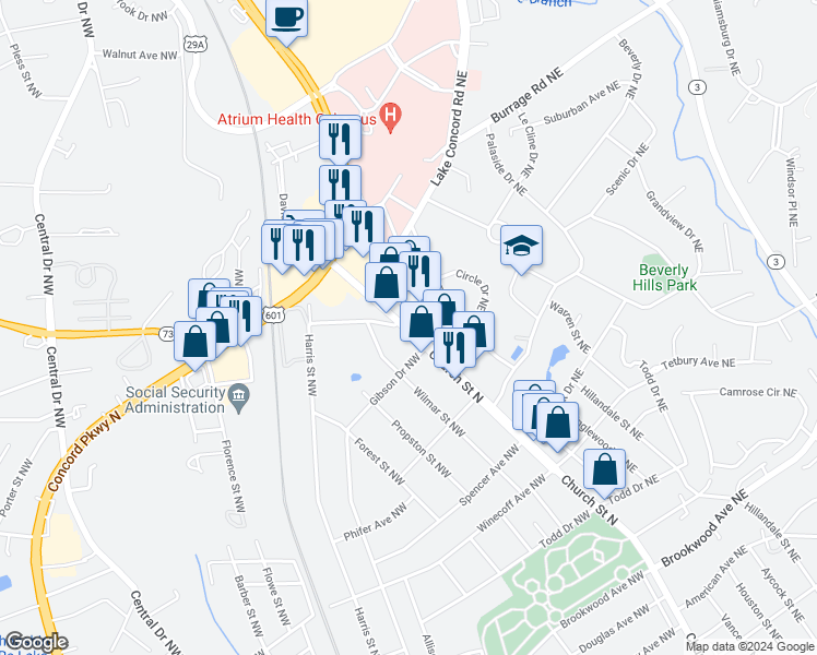 map of restaurants, bars, coffee shops, grocery stores, and more near 713 Davidson Drive Northwest in Concord