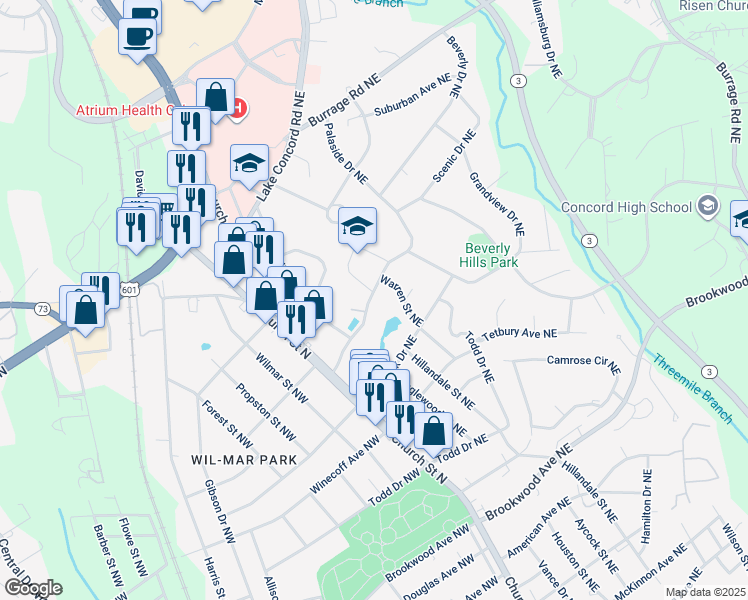 map of restaurants, bars, coffee shops, grocery stores, and more near 52 Palaside Drive Northeast in Concord