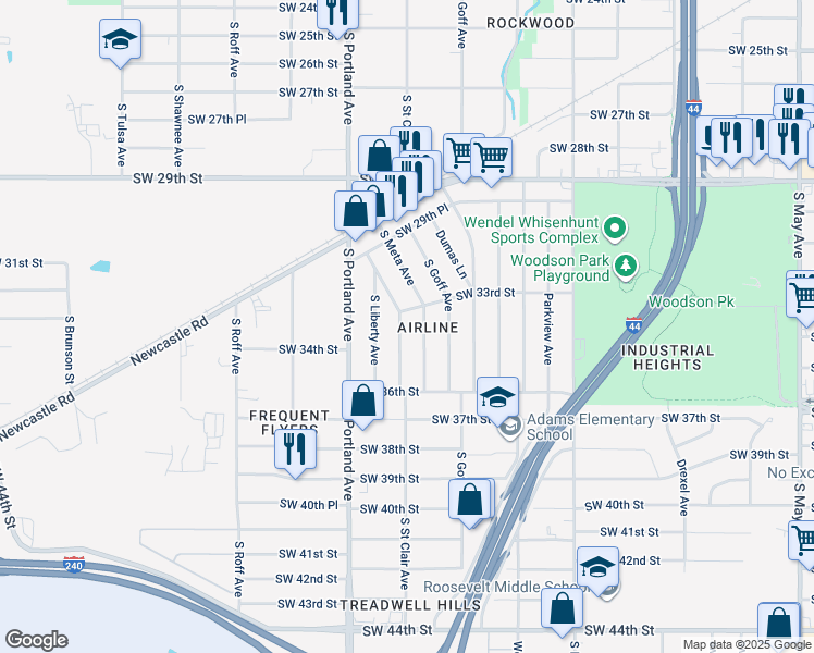 map of restaurants, bars, coffee shops, grocery stores, and more near 3500 South Saint Clair Avenue in Oklahoma City