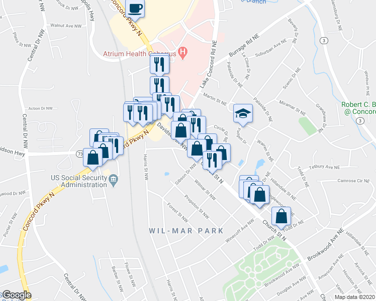 map of restaurants, bars, coffee shops, grocery stores, and more near 759 Davidson Drive Northwest in Concord