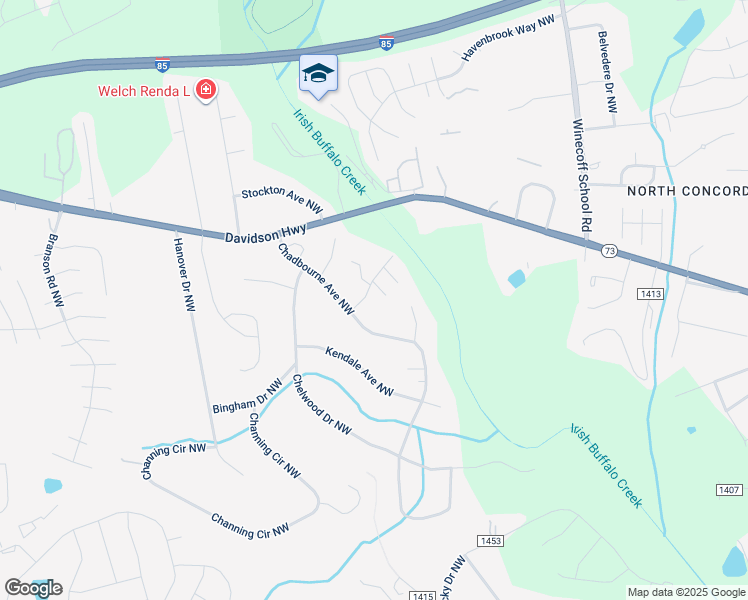 map of restaurants, bars, coffee shops, grocery stores, and more near 1020 Chadbourne Avenue Northwest in Concord